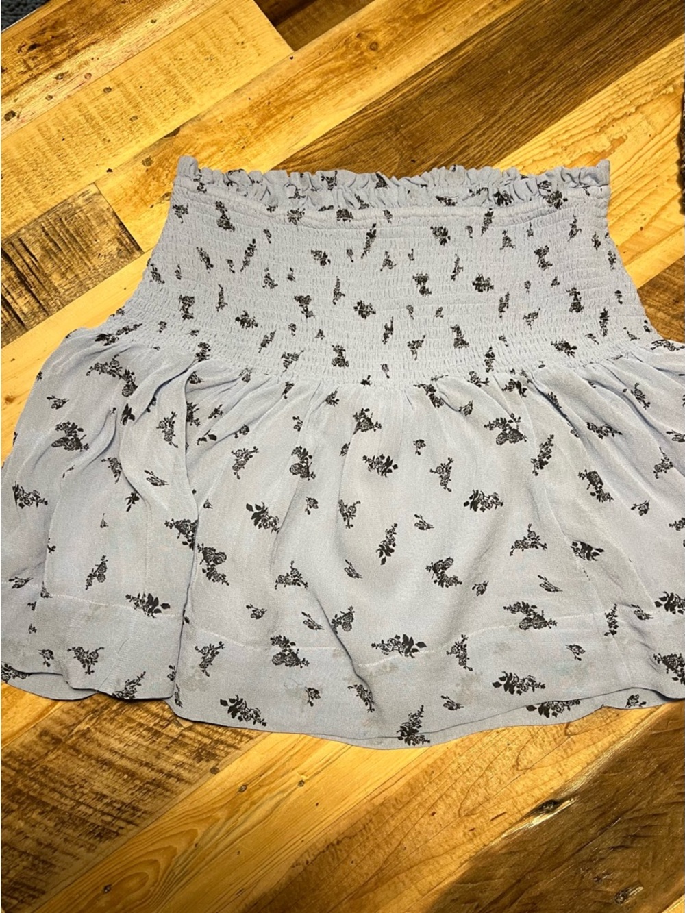 GANNI Light Blue Floral Smocked Mini Skirt Stretch Waist Size 36